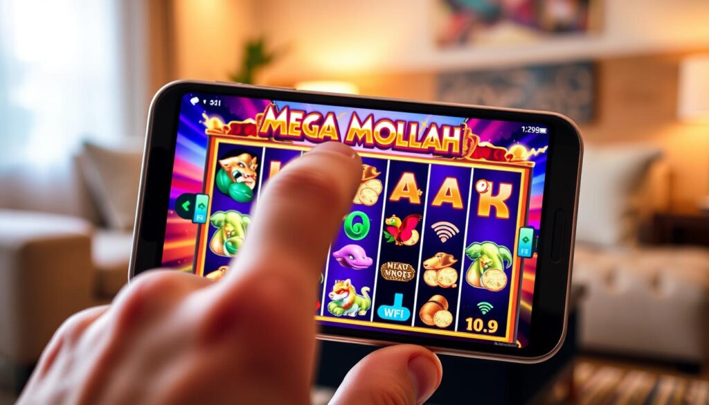 A close-up of a smartphone displaying the vibrant "Mega Moolah" jackpot game interface, showcasing colorful graphics and spinning reels filled with exotic animals and coins. The screen glows brightly, reflecting a sense of excitement and anticipation. In the foreground, a hand reaches out to interact with the screen, fingers poised above the touch interface. The middle ground features elements like a loading symbol and a strong Wi-Fi signal icon, illustrating mobile performance aspects. The background is softly blurred, depicting a cozy living room setting with warm lighting, emphasizing a relaxed atmosphere. The image captures a sense of modern technology and enjoyment, suitable for mobile gaming enthusiasts. A close-up of a smartphone displaying the vibrant "Mega Moolah" jackpot game interface, showcasing colorful graphics and spinning reels filled with exotic animals and coins. The screen glows brightly, reflecting a sense of excitement and anticipation. In the foreground, a hand reaches out to interact with the screen, fingers poised above the touch interface. The middle ground features elements like a loading symbol and a strong Wi-Fi signal icon, illustrating mobile performance aspects. The background is softly blurred, depicting a cozy living room setting with warm lighting, emphasizing a relaxed atmosphere. The image captures a sense of modern technology and enjoyment, suitable for mobile gaming enthusiasts.