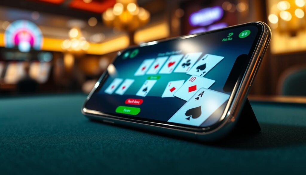 A close-up view of a modern mobile baccarat interface displayed on a sleek smartphone screen, emphasizing the card squeeze feature. In the foreground, the smartphone is elegantly positioned, showing crisp graphics of face-down cards ready to be squeezed. In the middle ground, ambient light reflects off the phone, enhancing the glossy screen and the vibrant colors of the interface. The background features a blurred casino environment, hinting at a luxurious setting with soft lighting and subtle highlights, creating an immersive gambling atmosphere. The composition should evoke a sense of excitement and sophistication, capturing the essence of mobile baccarat gaming.