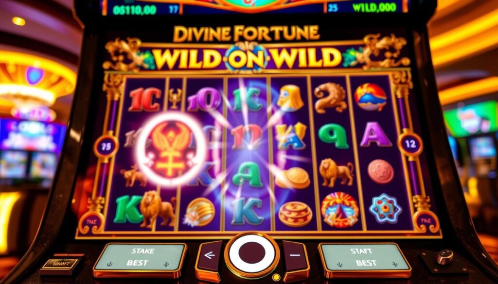 A close-up view of the Divine Fortune slot machine interface, prominently featuring the vibrant Wild-on-Wild graphic effect, where wild symbols dramatically expand. The foreground includes an interactive bet selection panel, displaying various stake levels with colorful buttons and crisp designs. In the middle, the game reels are spinning under a soft, enchanting glow, adorned with ancient Greek mythology symbols like lions and coins, enhancing the mystical atmosphere. The background showcases a blurred casino environment, subtly hinting at excitement and anticipation. The entire scene is illuminated with warm, inviting lighting that emphasizes the luxurious feel of a high-end slot machine. The perspective is slightly angled to provide depth, evoking a sense of engagement and strategy in betting behavior, perfect for understanding stake levels and psychological aspects of player choices.