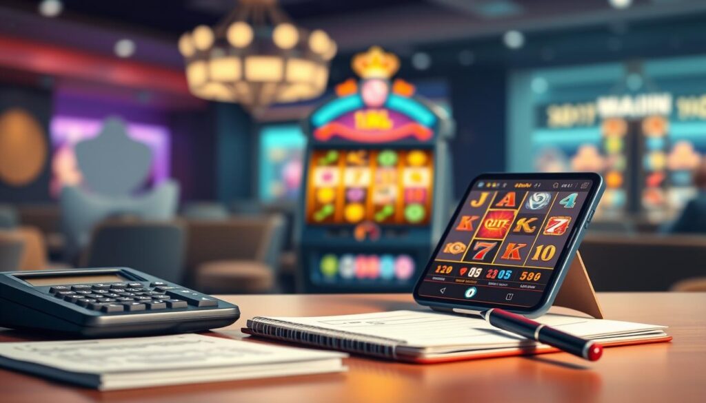 A conceptual illustration depicting high variance slot control strategies and effective bankroll management. In the foreground, a well-organized workspace featuring a calculator, a notepad with strategic notes, and a smartphone displaying a mobile slot game interface, all under soft, focused lighting. The middle layer features a subtle visual of a digital slot machine, emphasizing its reels and symbols, with a hint of glowing lights to convey excitement and risk. In the background, a calming atmosphere illustrated by blurred shapes representing a casino environment with soft colors, symbolizing control and thoughtful pauses. The overall mood of the image should be professional and strategic, capturing the essence of thoughtful gaming management without distraction.