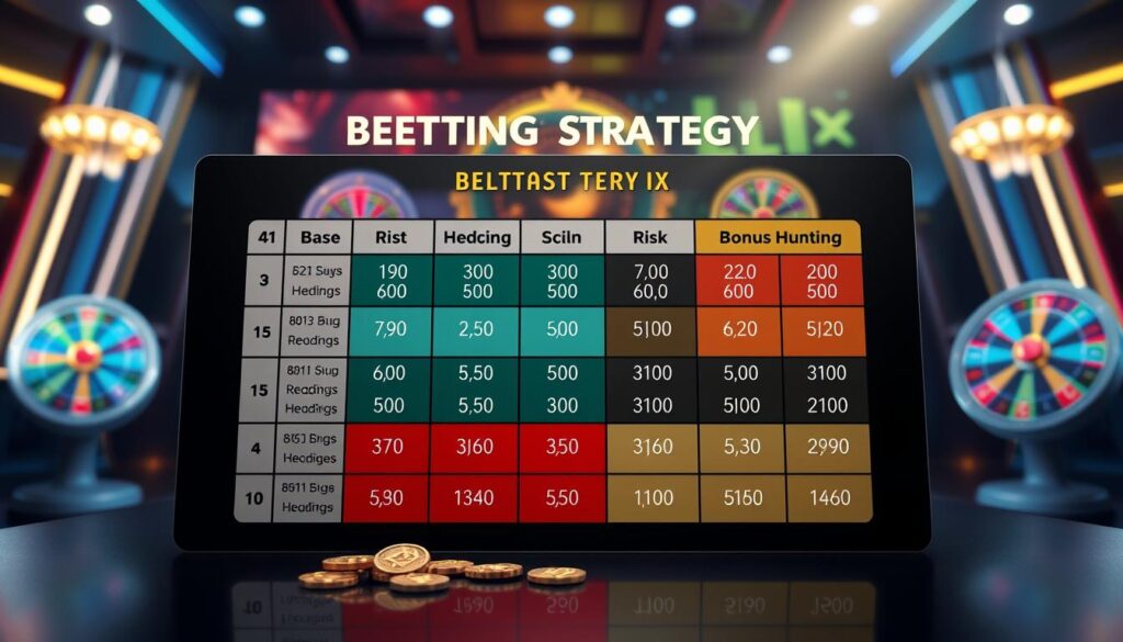 A detailed betting strategy matrix for the Crazy Time game, illustrating various risk tiers. The matrix is set against a sleek, modern gaming background resembling a casino ambiance, with soft lighting that creates a thrilling atmosphere. In the foreground, the matrix is prominently displayed, divided into sections labeled as "Base Game Hedging" and "Bonus Hunting," showcasing different betting amounts and strategies in contrasting colors. The middle ground features abstract elements like coins and gaming wheels, subtly hinting at the game’s mechanics. The overall composition is dynamic and polished, captured from a slightly elevated angle, emphasizing the complexity of betting strategies while maintaining a professional look without any overlay text or branding. The vibe should evoke anticipation and professional strategy, suitable for an engaging article. A detailed betting strategy matrix for the Crazy Time game, illustrating various risk tiers. The matrix is set against a sleek, modern gaming background resembling a casino ambiance, with soft lighting that creates a thrilling atmosphere. In the foreground, the matrix is prominently displayed, divided into sections labeled as "Base Game Hedging" and "Bonus Hunting," showcasing different betting amounts and strategies in contrasting colors. The middle ground features abstract elements like coins and gaming wheels, subtly hinting at the game’s mechanics. The overall composition is dynamic and polished, captured from a slightly elevated angle, emphasizing the complexity of betting strategies while maintaining a professional look without any overlay text or branding. The vibe should evoke anticipation and professional strategy, suitable for an engaging article.