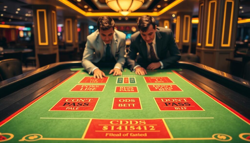 A detailed craps table layout, focusing on the section for placing free odds bets. The foreground features a lush green felt surface with specific areas marked for Pass Line, Don't Pass, and Odds bets, intricately designed with vibrant colors. In the middle, a pair of professional-looking players, dressed in business attire, lean over the table with focused expressions as they strategize their bets, adding a sense of engagement and excitement. The background includes soft lighting that highlights the table, with the glow of casino ambiance softly illuminating the scene, creating a lively yet sophisticated atmosphere. The angle captures the players' interactions above the table, accentuating the layout's details without any overlay or text.