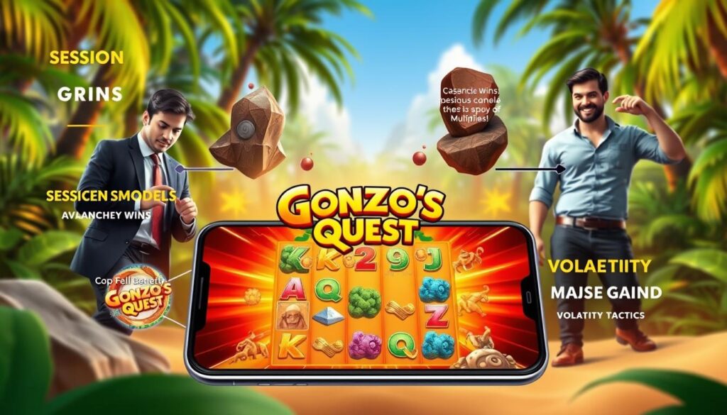 A dynamic mobile gaming scene showcasing "Gonzo's Quest Megaways" slot strategies. In the foreground, depict a smartphone displaying vibrant, colorful graphics of the slot game, focusing on cascading symbols and multipliers. Surround this with visual elements representing session models: on one side, a character dressed in professional business attire, intently analyzing a winning strategy; on the other side, a more relaxed figure in casual clothing, enjoying the base game grind. The middle ground features abstract representations of avalanche wins and volatility tactics, such as cascading rocks and shifting sands. Background elements include a lush jungle setting, reflecting the adventurous theme of the game, with warm, natural lighting that adds a sense of excitement and anticipation. Aim for a motivational atmosphere that invites viewers into the gaming experience.