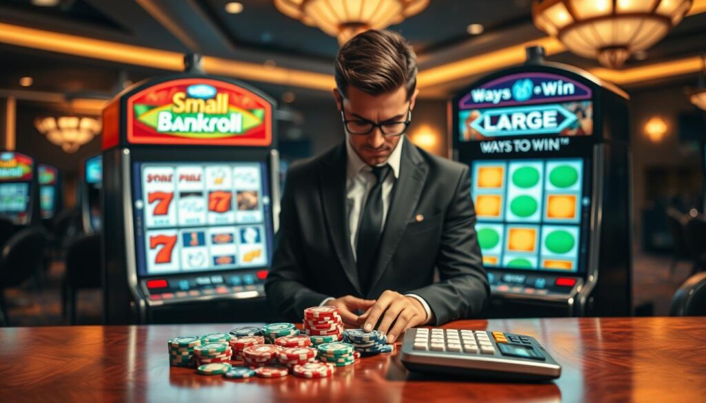A dynamic visual scene representing "bet coverage strategies" in the context of bankroll management. In the foreground, a stylish, professional-looking person in business attire examines two virtual slot machines, one labeled "Small Bankroll" with illustrated paylines, and the other labeled "Large Bankroll" showcasing a ways-to-win structure. In the middle ground, an array of colorful betting chips and a calculator rest on a polished wooden table, suggesting meticulous calculation and strategy. The background features a soft-focus, dimly lit casino environment, with soft ambient lighting that creates an inviting yet serious atmosphere. The focus should be sharp on the person and machines, using a slightly elevated angle to capture both the individual’s expression and the details on the machines, evoking a sense of thoughtful decision-making and excitement.