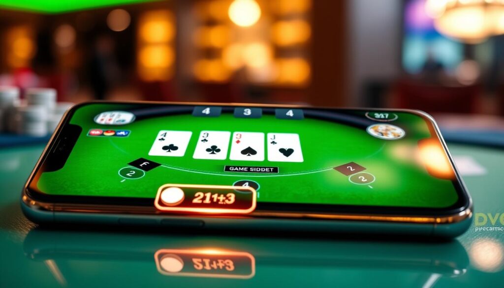 A mobile blackjack interface displayed prominently on a sleek smartphone, featuring a vibrant green felt table design. In the foreground, the focus is on the highlighted 21+3 side bet button, glowing subtly to draw attention, set against other interface elements like chips and card options. The middle layer shows clear card visuals and game statistics, with dynamic animations suggesting an interactive experience. The background blurs slightly, indicating a casino environment with soft, ambient lighting creating a warm atmosphere. The overall scene is well-lit, with reflections catching on the phone's screen, evoking excitement and engagement, perfectly suited for a live casino gaming experience.