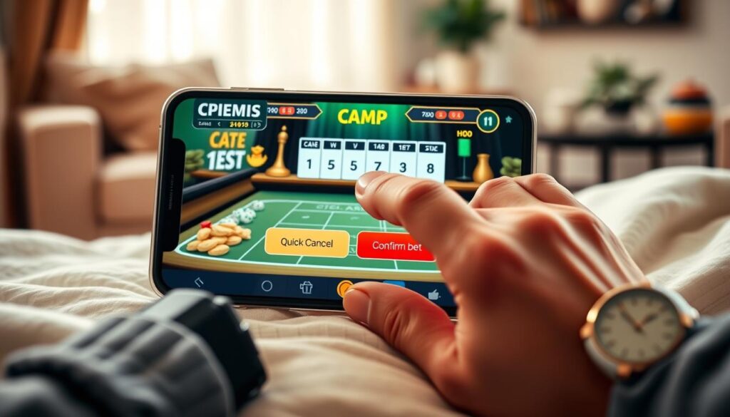 A modern mobile device displaying a craps game interface with a prominent "quick-cancel" and "confirm bet" button highlighted. In the foreground, fingers gently tapping on the screen, showcasing a casual hand adorned with a stylish watch. In the middle, the mobile device rests on a soft, plush surface, like a cozy couch or bed, with light-colored pajama fabrics in the background. The background features a softly lit, inviting living room atmosphere with warm tones, perhaps a small table with snacks and a friendly decorative plant. The overall mood is relaxed and casual, emphasizing a safe and comfortable environment for enjoying mobile gaming. Soft natural lighting casts a gentle glow, enhancing the atmosphere of home comfort and responsible play.