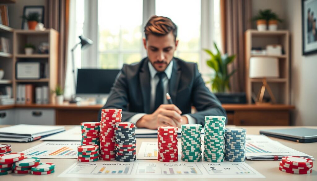 A professional workspace depicting the concept of risk management in bankroll management, with a clean, modern desk in the foreground showcasing neatly organized session units represented by colorful charts and stacks of poker chips. In the middle, a focused individual in professional attire studies these materials, displaying analytical expression. The background features a soft-focus view of a home office with a large window letting in natural light, creating a welcoming atmosphere. The overall mood is one of concentration and strategic planning, enhanced by a warm color palette. Use a slightly elevated camera angle to create depth, emphasizing the organized layout of tools and fostering an engaging scene that communicates financial planning and responsible gaming.
