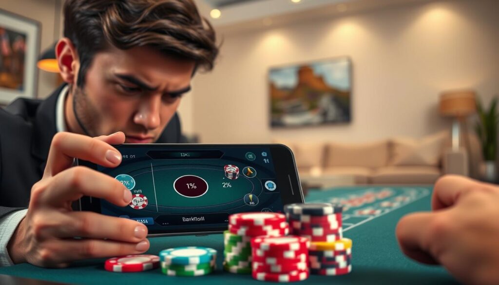 A vibrant and detailed scene illustrating a mobile blackjack game focused on bankroll management and strategy, featuring a smartphone displaying a blackjack table with digital chips laid out in strategic patterns. In the foreground, a professional-looking person in a smart casual outfit intensely observes the gameplay on their device, with subtle expressions of concentration. In the middle ground, stacks of colorful chips represent different unit amounts (1% and 2%), arranged neatly to emphasize careful bankroll division. The background showcases a stylish modern living room setting, with soft, ambient lighting that creates a welcoming atmosphere conducive to playing blackjack. The image is captured with a slight tilt, adding dynamism to the scene, inviting viewers into the fast-paced world of mobile blackjack strategy.