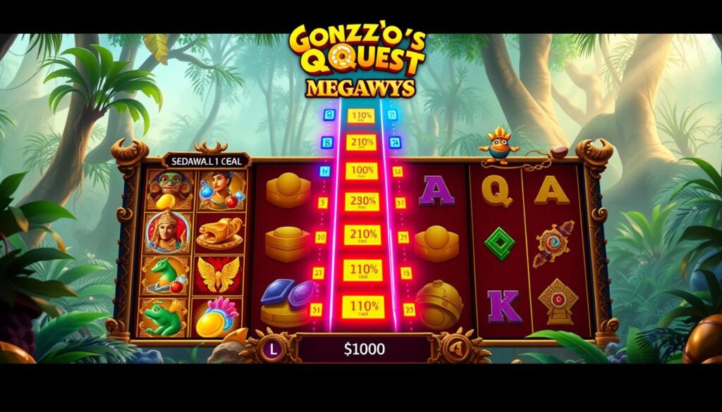 A vibrant and dynamic illustration of "Gonzo's Quest Megaways" game interface featuring avalanche reels and a multiplier ladder. In the foreground, detail the cascading avalanche reels with colorful symbols like ancient artifacts and gold, all set against a lush jungle backdrop. The middle layer showcases the unique multiplier ladder, glowing with vivid colors to highlight increasing values, representing the compounding wins effect. The background features an immersive jungle landscape with rich greenery and soft, diffused sunlight filtering through the trees, creating an inviting, adventurous atmosphere. Use a slightly angled perspective to enhance depth, with a warm, enticing color palette that evokes excitement and engagement. The overall mood should feel thrilling yet adventurous, ideal for a gaming audience.