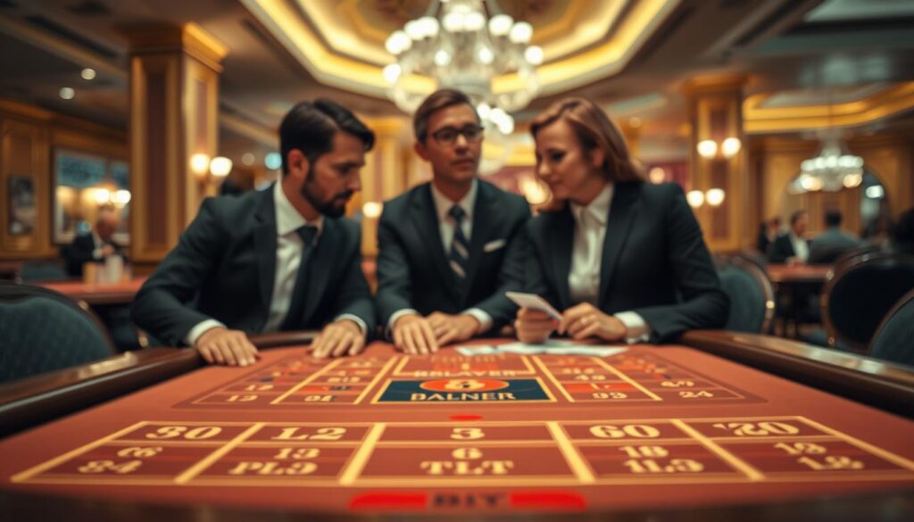 A visually striking composition depicting a mobile Baccarat scene focused on the banker bet strategy. In the foreground, an elegant baccarat table is shown with a clear view of the betting layout, emphasizing the banker and player areas. The middle ground features professional players, dressed in business attire, deeply engaged in the game, exchanging focused glances. In the background, soft lighting highlights the opulence of a luxurious casino environment, with blurred elements like chips and cards creating a sense of speed and excitement. The overall atmosphere conveys strategy and concentration, with a subtle tension as players avoid the tie bet, embodying a smart and cautious approach to baccarat. Use a soft focus lens effect to enhance the exclusivity and sophisticated mood of the scene.