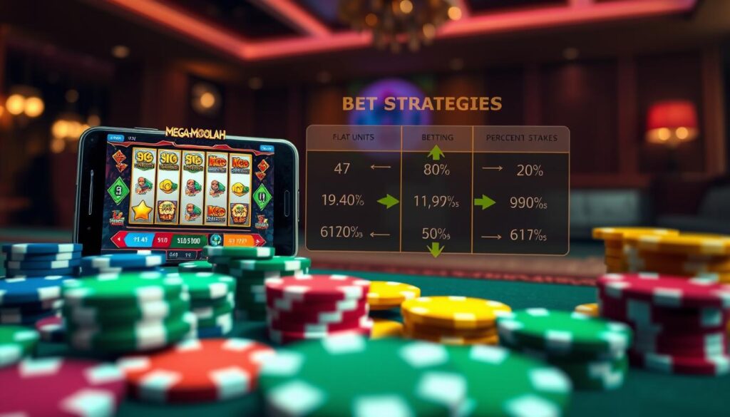 A visually striking image depicting the concept of bet strategies for the Mega Moolah mobile game. In the foreground, an assortment of colorful poker chips and a smartphone displaying the Mega Moolah interface, with eye-catching symbols like jackpots and wilds. The middle ground features a diagram illustrating different betting strategies, using vibrant colors to differentiate between flat units and percentage stakes, with arrows indicating direction and flow. In the background, a subtle casino-themed ambiance with soft, dim lighting, creating a cozy yet exciting atmosphere. The focus should be sharp on the smartphone and betting diagram, with a slight bokeh effect on the background to enhance depth. The overall mood is engaging and informative, ideal for a primer on gaming strategy. A visually striking image depicting the concept of bet strategies for the Mega Moolah mobile game. In the foreground, an assortment of colorful poker chips and a smartphone displaying the Mega Moolah interface, with eye-catching symbols like jackpots and wilds. The middle ground features a diagram illustrating different betting strategies, using vibrant colors to differentiate between flat units and percentage stakes, with arrows indicating direction and flow. In the background, a subtle casino-themed ambiance with soft, dim lighting, creating a cozy yet exciting atmosphere. The focus should be sharp on the smartphone and betting diagram, with a slight bokeh effect on the background to enhance depth. The overall mood is engaging and informative, ideal for a primer on gaming strategy.