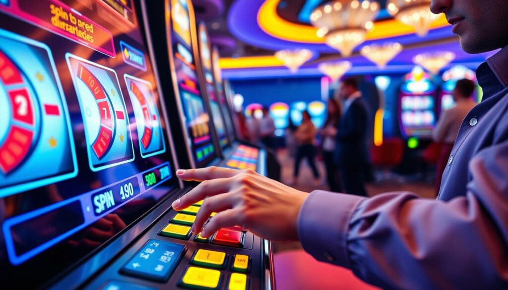 A close-up view of a modern slot machine console featuring brightly lit timers indicating spin durations and visual elements representing pacing strategies. In the foreground, display a user-friendly interface with vibrant buttons for adjusting spin speed and a digital readout of pacing options. The middle ground showcases a hand of a player thoughtfully engaged, dressed in smart casual attire, pressing a button while focusing on the screen. In the background, a softly glowing casino environment with ambient lighting highlights other slot machines and patrons engaging in their own play. The overall atmosphere is lively yet concentrated, emphasizing a strategic mindset in gaming, with reflections and soft shadows creating depth and intrigue. A close-up view of a modern slot machine console featuring brightly lit timers indicating spin durations and visual elements representing pacing strategies. In the foreground, display a user-friendly interface with vibrant buttons for adjusting spin speed and a digital readout of pacing options. The middle ground showcases a hand of a player thoughtfully engaged, dressed in smart casual attire, pressing a button while focusing on the screen. In the background, a softly glowing casino environment with ambient lighting highlights other slot machines and patrons engaging in their own play. The overall atmosphere is lively yet concentrated, emphasizing a strategic mindset in gaming, with reflections and soft shadows creating depth and intrigue.