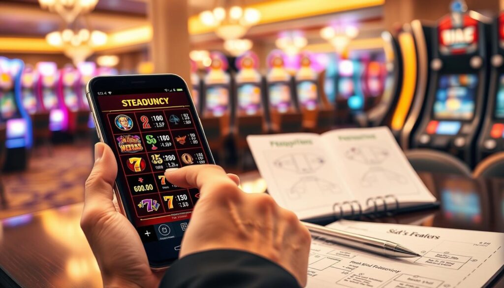 A detailed illustration of a mobile slot paytable being decoded, focusing on the feature frequency aspect. In the foreground, a sleek smartphone displays a vibrant slot paytable with various symbols and odds highlighted. A pair of hands, clad in professional business attire, interact with the screen, pointing to specific features like free spins and multipliers. In the middle ground, an elegant workspace is visible, comprising of a notepad and pen with diagrams and notes about slot features. The background features a softly blurred casino ambiance, filled with colorful slot machines and warm lighting, creating an inviting atmosphere. The image should be brightly lit with a soft focus, giving it a clear, professional feel, capturing the essence of mobile gaming analysis.