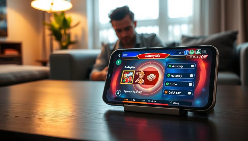 A modern mobile gaming setup focusing on battery life optimization. In the foreground, a smartphone displaying a vibrant casino game interface, with the screen showing energy-efficient settings like 'Autoplay,' 'Turbo,' and 'Quick Spin.' The device is perched on a sleek, dark wooden table, illuminated by soft, warm lighting to create an inviting ambiance. In the middle ground, a gamer in modest casual clothing, intently focused on the screen, surrounded by a cozy living room environment with a comfortable chair and a small potted plant. The background features a blurred view of a window with gentle daylight filtering through, enhancing the relaxed yet strategic atmosphere of responsible gaming and battery awareness. A modern mobile gaming setup focusing on battery life optimization. In the foreground, a smartphone displaying a vibrant casino game interface, with the screen showing energy-efficient settings like 'Autoplay,' 'Turbo,' and 'Quick Spin.' The device is perched on a sleek, dark wooden table, illuminated by soft, warm lighting to create an inviting ambiance. In the middle ground, a gamer in modest casual clothing, intently focused on the screen, surrounded by a cozy living room environment with a comfortable chair and a small potted plant. The background features a blurred view of a window with gentle daylight filtering through, enhancing the relaxed yet strategic atmosphere of responsible gaming and battery awareness.