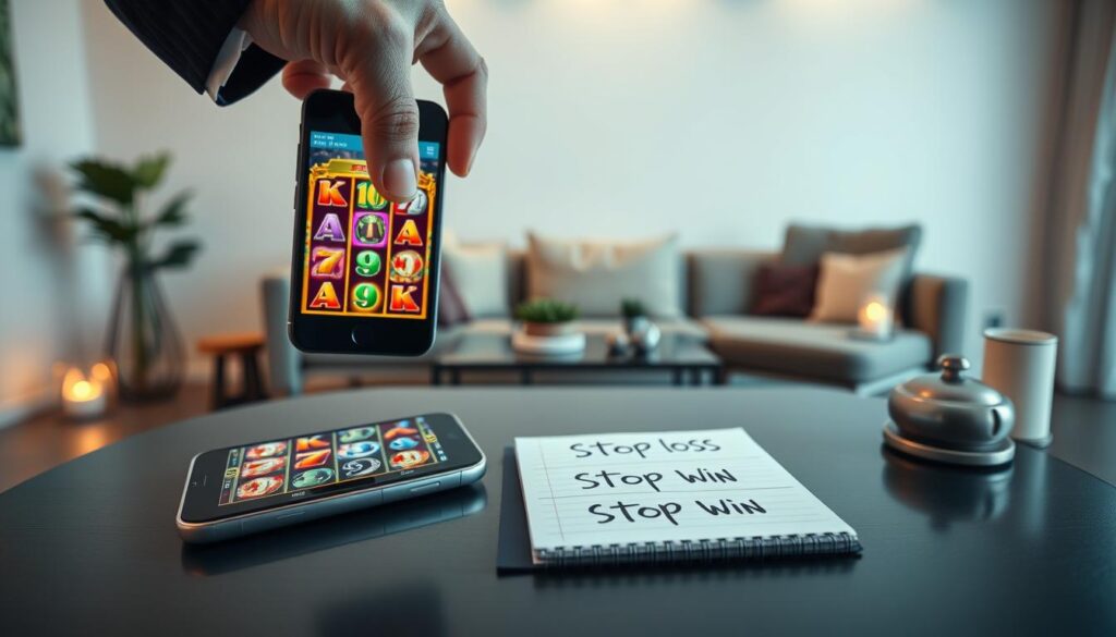 A serene and focused setting illustrating the concept of a "stop loss, stop win strategy" for mobile slots. In the foreground, a sleek smartphone displays a vibrant mobile slot game with colorful reels. A hand, clad in a well-fitted business suit, hovers beside the phone, symbolizing decision-making. In the middle ground, a stylish table features a notepad with a clear graphical representation of stop-loss and stop-win markers, complemented by casino-themed decorations. The background shows a modern, softly lit living space with a comfortable gaming chair and subtle hints of cozy, ambient lighting, creating an inviting mood. The overall atmosphere evokes clarity, focus, and strategic thinking, emphasizing responsible gaming practices. A serene and focused setting illustrating the concept of a "stop loss, stop win strategy" for mobile slots. In the foreground, a sleek smartphone displays a vibrant mobile slot game with colorful reels. A hand, clad in a well-fitted business suit, hovers beside the phone, symbolizing decision-making. In the middle ground, a stylish table features a notepad with a clear graphical representation of stop-loss and stop-win markers, complemented by casino-themed decorations. The background shows a modern, softly lit living space with a comfortable gaming chair and subtle hints of cozy, ambient lighting, creating an inviting mood. The overall atmosphere evokes clarity, focus, and strategic thinking, emphasizing responsible gaming practices.
