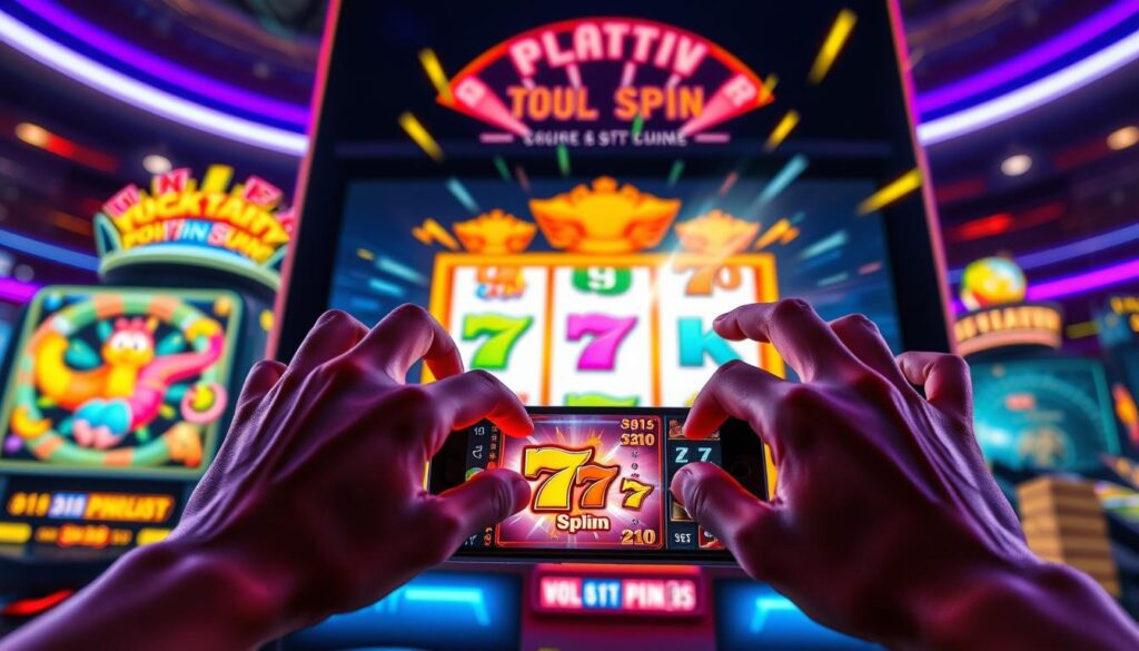 A vibrant, dynamic scene depicting a digital slot machine interface showcasing "turbo spin" features, with animated reels rapidly spinning and colorful symbols flying off. In the foreground, a pair of hands are poised above a touchscreen smartphone, demonstrating the concept of autoplay and quick spin functions. The middle ground features a bright, glowing display with effect overlays suggesting speed and excitement. In the background, an abstract representation of volatility in slot games appears, using bold patterns and contrasting colors to symbolize risk and reward. The atmosphere is energetic, with a modern, sleek design, illuminated by soft LED lighting, evoking a lively casino environment. The angle captures the hands in action, emphasizing interaction with the digital interface. A vibrant, dynamic scene depicting a digital slot machine interface showcasing "turbo spin" features, with animated reels rapidly spinning and colorful symbols flying off. In the foreground, a pair of hands are poised above a touchscreen smartphone, demonstrating the concept of autoplay and quick spin functions. The middle ground features a bright, glowing display with effect overlays suggesting speed and excitement. In the background, an abstract representation of volatility in slot games appears, using bold patterns and contrasting colors to symbolize risk and reward. The atmosphere is energetic, with a modern, sleek design, illuminated by soft LED lighting, evoking a lively casino environment. The angle captures the hands in action, emphasizing interaction with the digital interface.