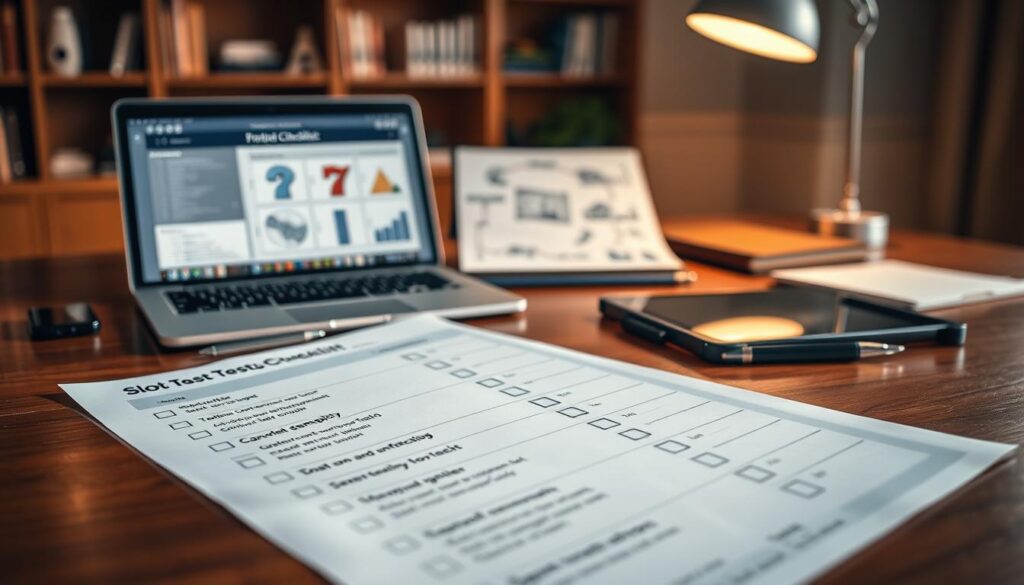 A detailed, visually engaging slot testing checklist spread out on a polished wooden desk. In the foreground, a neatly organized checklist with sections labeled for various testing categories such as "Functionality," "Gameplay," "Graphics," and "Sound." Each item is ticked off in a professional manner. In the middle, there are various tools of the trade: a sleek laptop with charts and diagrams displayed, a digital tablet, and a pen beside the checklist. The background features soft-focus office elements like a bookshelf and ambient lighting from a desk lamp, giving a warm and focused atmosphere. The overall mood is serious yet methodical, symbolizing the diligence in the process of creating and testing mobile slot games.