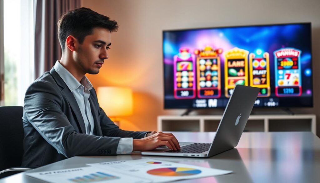 A focused business professional, dressed in smart casual attire, is seated at a sleek, modern desk with a laptop open in front of them. The foreground features charts and graphs depicting strategies for managing energy and focus during marathon slot play. In the middle ground, there are images of mobile slot machines displayed on a large screen, showcasing their vibrant colors and engaging animations. The background is softly lit with warm, ambient lighting, creating an inviting atmosphere. Natural light filters in through a window, adding a sense of openness and clarity. The overall mood is one of concentration and strategic planning, capturing the essence of effective energy and focus management in gaming sessions.
