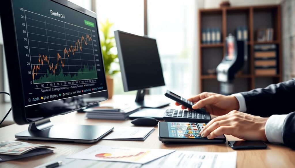 A professional, illustrative scene depicting a "bankroll simulation strategy" for mobile slots. In the foreground, a computer screen shows a detailed financial graph with dynamic lines indicating bankroll variance and growth. Adjacent to the screen, a pair of hands in business attire is analyzing data with a calculator. In the middle ground, a neatly organized desk includes financial documents, slot machine images, and a mobile device displaying a slots application. The background hints at a modern office environment, softly lit with natural light filtering through a window, creating an atmosphere of focus and strategy. Use a slight depth of field to emphasize the computer screen while keeping the desk in soft focus, evoking a professional yet approachable mood.