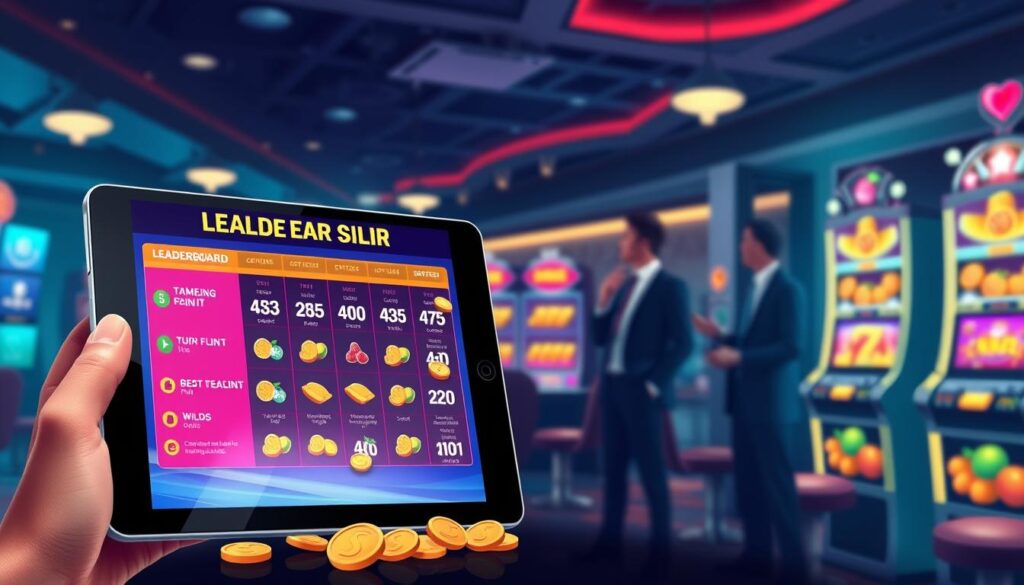 A vibrant and detailed illustration depicting the concept of a "leaderboard tips coin-in strategy" for mobile slot tournaments. In the foreground, include a sleek tablet displaying a colorful leaderboard with glowing numbers and coins cascading down the screen. In the middle ground, feature animated slot machines with bright symbols like fruits, bars, and wilds, emphasizing the excitement of gameplay. In the background, create a subtle casino atmosphere with dim lighting, soft neon glows, and blurred figures of individuals in professional business attire, engaged in strategic discussions. Set the scene from a slight overhead angle to showcase both the tablet and the engaging ambiance of the tournament environment. Aim for a dynamic and energetic mood that captures the thrill of competition, enhancing the appeal of scoring systems and betting approaches in mobile gaming. A vibrant and detailed illustration depicting the concept of a "leaderboard tips coin-in strategy" for mobile slot tournaments. In the foreground, include a sleek tablet displaying a colorful leaderboard with glowing numbers and coins cascading down the screen. In the middle ground, feature animated slot machines with bright symbols like fruits, bars, and wilds, emphasizing the excitement of gameplay. In the background, create a subtle casino atmosphere with dim lighting, soft neon glows, and blurred figures of individuals in professional business attire, engaged in strategic discussions. Set the scene from a slight overhead angle to showcase both the tablet and the engaging ambiance of the tournament environment. Aim for a dynamic and energetic mood that captures the thrill of competition, enhancing the appeal of scoring systems and betting approaches in mobile gaming.
