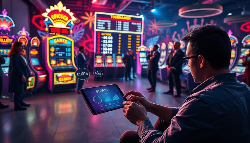 A visually engaging scene depicting a digital slot tournament strategy in a vibrant, modern gaming environment. In the foreground, a focused player sits at a sleek mobile device, strategizing bursts and cooldowns, with charts and icons illustrating timing strategies emerging from the device. The middle ground features a glowing leaderboard showing competitors' scores, with excited onlookers in professional attire observing the tournament dynamics. The background is filled with colorful, illuminated slot machines and cheering fans, casting dynamic shadows. Soft, dramatic lighting emphasizes the intensity and excitement of the tournament atmosphere, suggesting a sense of urgency and competition. This scene captures the essence of tactical gameplay in mobile slot tournaments. A visually engaging scene depicting a digital slot tournament strategy in a vibrant, modern gaming environment. In the foreground, a focused player sits at a sleek mobile device, strategizing bursts and cooldowns, with charts and icons illustrating timing strategies emerging from the device. The middle ground features a glowing leaderboard showing competitors' scores, with excited onlookers in professional attire observing the tournament dynamics. The background is filled with colorful, illuminated slot machines and cheering fans, casting dynamic shadows. Soft, dramatic lighting emphasizes the intensity and excitement of the tournament atmosphere, suggesting a sense of urgency and competition. This scene captures the essence of tactical gameplay in mobile slot tournaments.