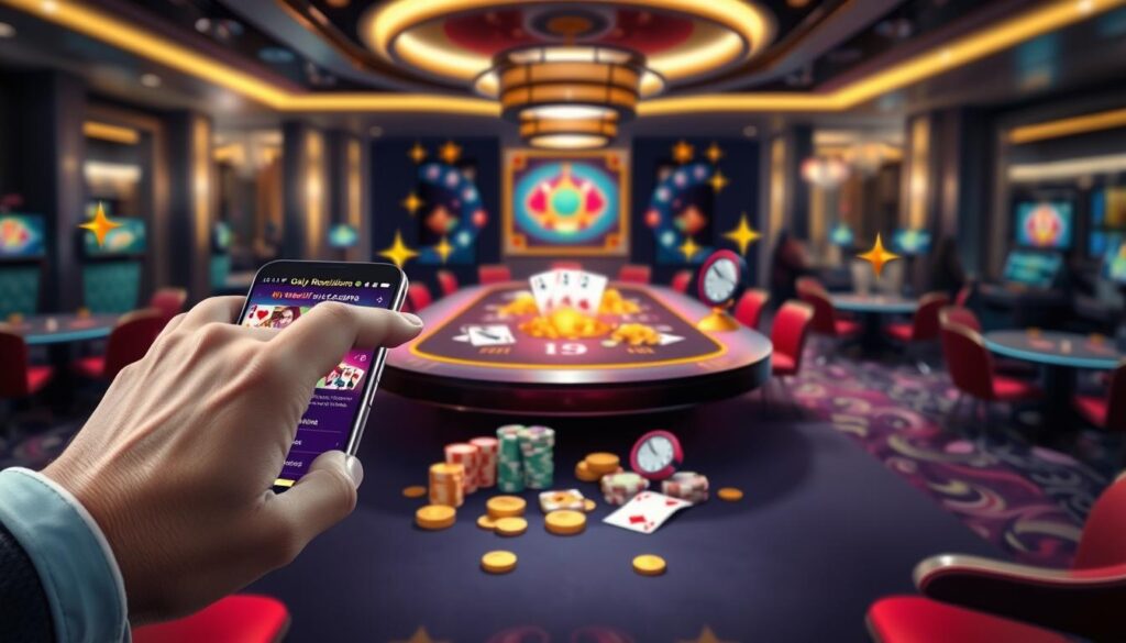 A visually engaging scene depicting "mobile casino daily missions strategy." In the foreground, a smartphone displays vibrant game graphics and mission tasks on its screen, illuminated by a soft glow. A hand reaches toward the phone, poised to tap. In the middle ground, a table adorned with colorful chips, cards, and gold coins symbolizes high rewards and excitement, surrounded by elements representing daily bonuses like sparkling stars and clocks. In the background, a sleek casino environment features soft lighting, elegant decor, and hints of other players engaged in games. The overall mood is energetic and motivating, emphasizing strategy and achievement in a friendly game atmosphere, with a focus on player engagement and rewards. A visually engaging scene depicting "mobile casino daily missions strategy." In the foreground, a smartphone displays vibrant game graphics and mission tasks on its screen, illuminated by a soft glow. A hand reaches toward the phone, poised to tap. In the middle ground, a table adorned with colorful chips, cards, and gold coins symbolizes high rewards and excitement, surrounded by elements representing daily bonuses like sparkling stars and clocks. In the background, a sleek casino environment features soft lighting, elegant decor, and hints of other players engaged in games. The overall mood is energetic and motivating, emphasizing strategy and achievement in a friendly game atmosphere, with a focus on player engagement and rewards.