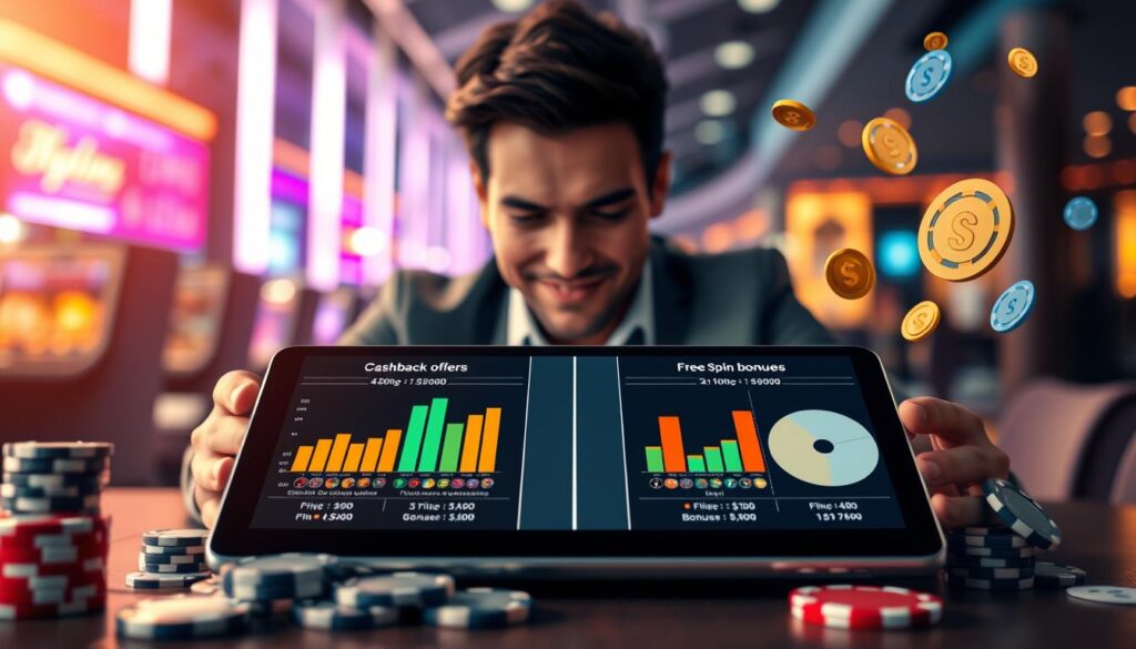 A visually engaging scene illustrating a "Cashback vs Free Spins" math comparison for mobile casino rewards. In the foreground, a sleek digital tablet displays colorful graphs and charts comparing cashback offers and free spin bonuses, surrounded by poker chips and playing cards. The middle section features an analytical person in a smart casual outfit, deeply focused on the tablet, with a faint smile of satisfaction. The background consists of a soft-focus modern gaming atmosphere, with neon lights reflecting the excitement of a casino, and abstract icons representing mobile rewards like coins, bonuses, and spins floating gently. The lighting is warm and inviting, with a slight glow highlighting the tablet and the person's expression, creating a mood of insight and strategy. A visually engaging scene illustrating a "Cashback vs Free Spins" math comparison for mobile casino rewards. In the foreground, a sleek digital tablet displays colorful graphs and charts comparing cashback offers and free spin bonuses, surrounded by poker chips and playing cards. The middle section features an analytical person in a smart casual outfit, deeply focused on the tablet, with a faint smile of satisfaction. The background consists of a soft-focus modern gaming atmosphere, with neon lights reflecting the excitement of a casino, and abstract icons representing mobile rewards like coins, bonuses, and spins floating gently. The lighting is warm and inviting, with a slight glow highlighting the tablet and the person's expression, creating a mood of insight and strategy.