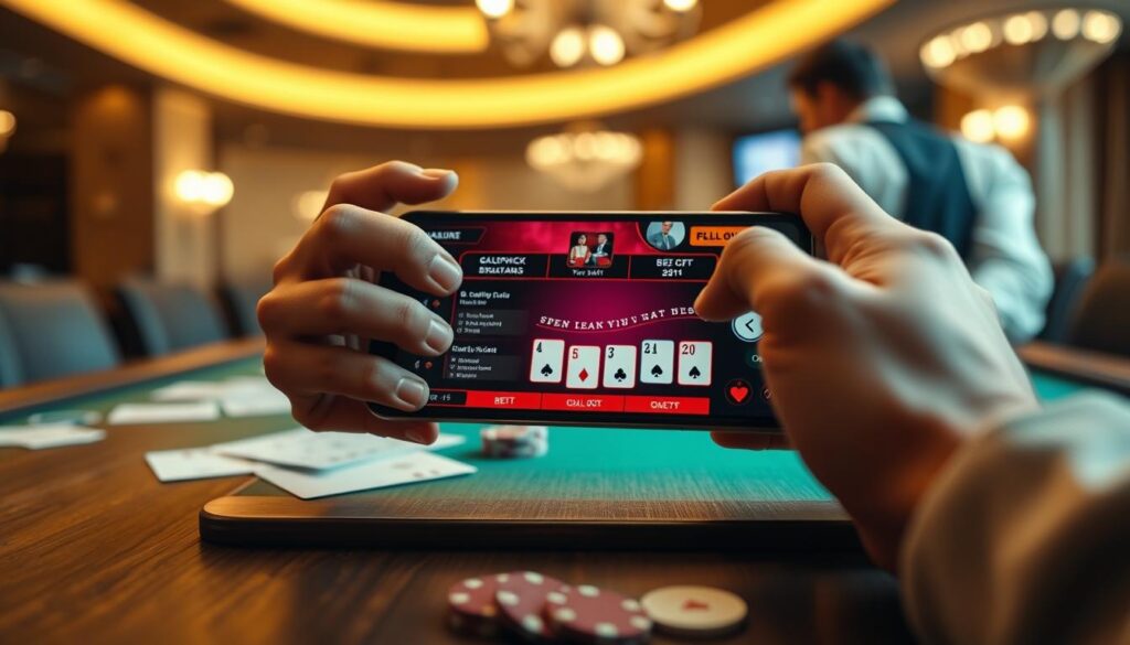 A close-up view of a mobile device displaying a blackjack game, set on a sleek wooden table. In the foreground, visible hands strategically holding a smartphone, fingers hovering over vibrant betting options. The middle ground captures faint outlines of playing cards and chips, creating a sense of engagement. In the background, a softly blurred casino ambiance with warm lighting casts a golden hue, enhancing a mood of concentration and excitement. High angle perspective to emphasize the device and gameplay elements, with a shallow depth of field focusing on the phone while the background softly fades. The scene should convey an advanced strategy setting with an air of professional intensity and sophistication, striking a balance between clarity and atmosphere.