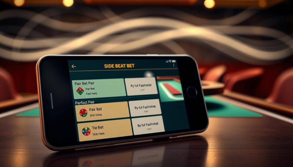 A high-quality, realistic depiction of a mobile baccarat setup with emphasis on side bets. The foreground features a close-up of a modern smartphone displaying a baccarat app, highlighting various side bet options like Pair Bet, Perfect Pair, and Tie Bet. In the middle, a stylish wooden gaming table is visible, adorned with green felt and chips, to reflect an authentic casino atmosphere. The background showcases soft, ambient lighting, simulating a luxurious gaming environment, with abstract patterns that suggest movement and excitement. The scene is framed from a slightly elevated angle, capturing the intricate details of the app and table, evoking a strategic and engaging mood. A high-quality, realistic depiction of a mobile baccarat setup with emphasis on side bets. The foreground features a close-up of a modern smartphone displaying a baccarat app, highlighting various side bet options like Pair Bet, Perfect Pair, and Tie Bet. In the middle, a stylish wooden gaming table is visible, adorned with green felt and chips, to reflect an authentic casino atmosphere. The background showcases soft, ambient lighting, simulating a luxurious gaming environment, with abstract patterns that suggest movement and excitement. The scene is framed from a slightly elevated angle, capturing the intricate details of the app and table, evoking a strategic and engaging mood.