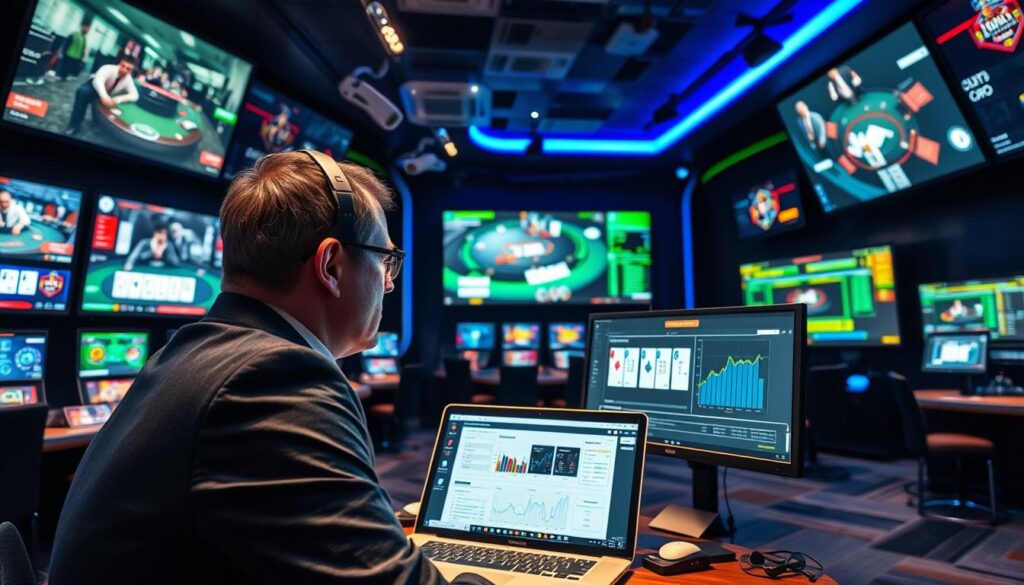 A high-tech casino surveillance room featuring large screens displaying live feeds of various gaming areas, highlighting a digital card counting analysis on one screen. In the foreground, a focused security operator in professional attire monitors the activity, with a laptop open beside them, showing a mobile app interface for card counting. The middle ground presents an array of sophisticated surveillance equipment, including cameras and digital interfaces, with data graphs and statistics hinting at tracking challenges. The background has a sleek, dark ambiance accentuated by blue and green lighting, creating a sense of high-stakes tension and intrigue. The angle is slightly elevated, providing a clear view of both the operator and the array of screens, giving an impression of a high-tech command center.