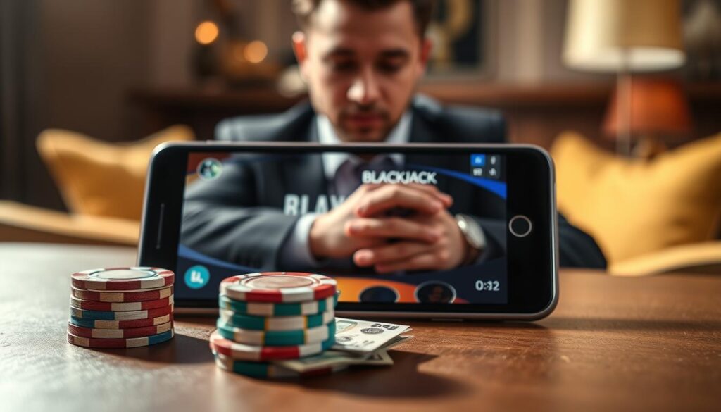 A modern mobile device displaying a blackjack app on its screen, positioned on a stylish wooden table. In the foreground, a stack of colorful chips and cash are neatly arranged, symbolizing effective bankroll management. The middle ground features a confident player in smart casual attire, focused on their phone, showcasing a carefully planned strategy. Soft dramatic lighting highlights the device and the player’s thoughtful expression, while a blurred background reveals a cozy gaming space with warm, inviting colors. The atmosphere is tense yet hopeful, encapsulating the excitement of strategic play in mobile blackjack. The image omits any text overlays or watermarks, emphasizing the visual storytelling of bankroll management.