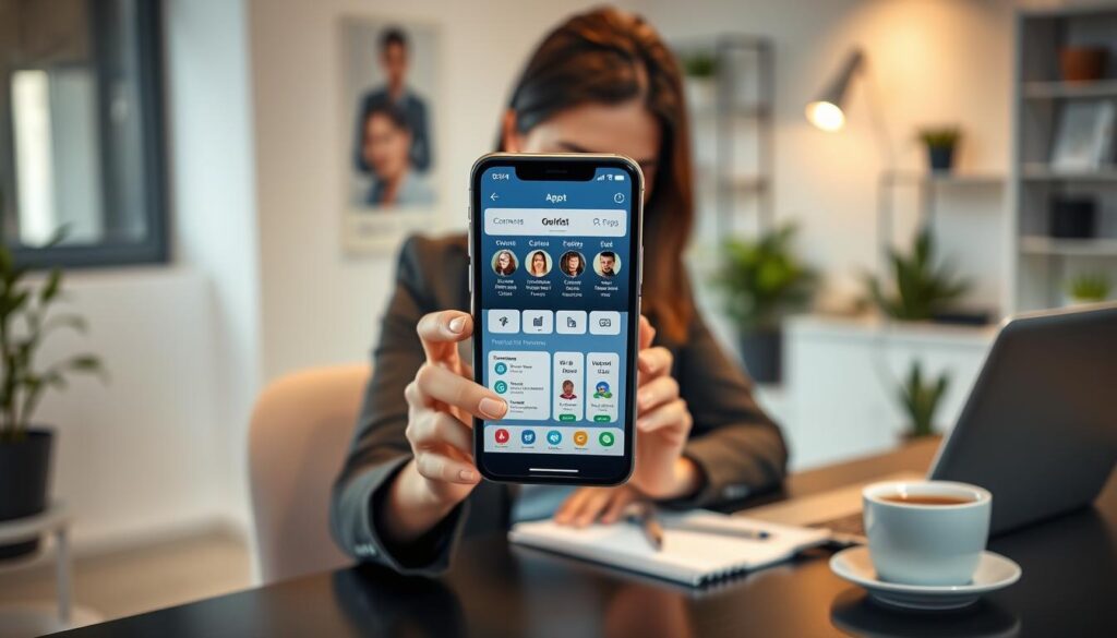 A modern workspace featuring a smartphone displaying mobile money management apps on its screen, showcasing user-friendly interfaces and sleek designs. In the foreground, a well-dressed professional woman in business attire is intently analyzing the app's features, with a focused expression on her face. In the middle ground, there’s a stylish, minimalist desk with a laptop, a notepad, and a cup of coffee, creating a productive atmosphere. The background includes soft, ambient lighting with blurred office elements, such as plants and shelves, enhancing the professionalism of the setting. The overall mood is focused and efficient, ideal for illustrating bank management strategies for mobile casino players.