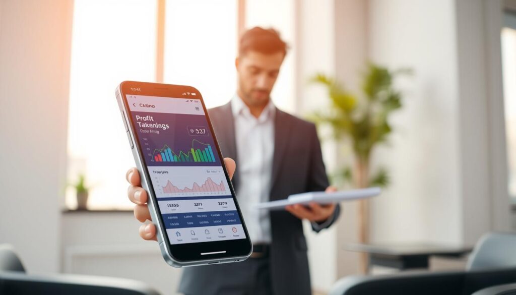 A sleek, modern mobile phone displaying a sophisticated mobile banking app interface focused on profit-taking techniques for casino players. In the foreground, prominently feature the phone with colorful charts and graphs depicting profit margins and bankroll growth. In the middle background, a professional-looking individual in business attire is analyzing the data, showing a focused expression. The surroundings are a stylish, minimalist office space with a large window allowing soft, natural light to illuminate the scene, enhancing a clear, productive atmosphere. Use a shallow depth of field to emphasize the phone and the charts while softly blurring the background. The overall mood should be empowering and strategic, capturing the essence of smart financial management.