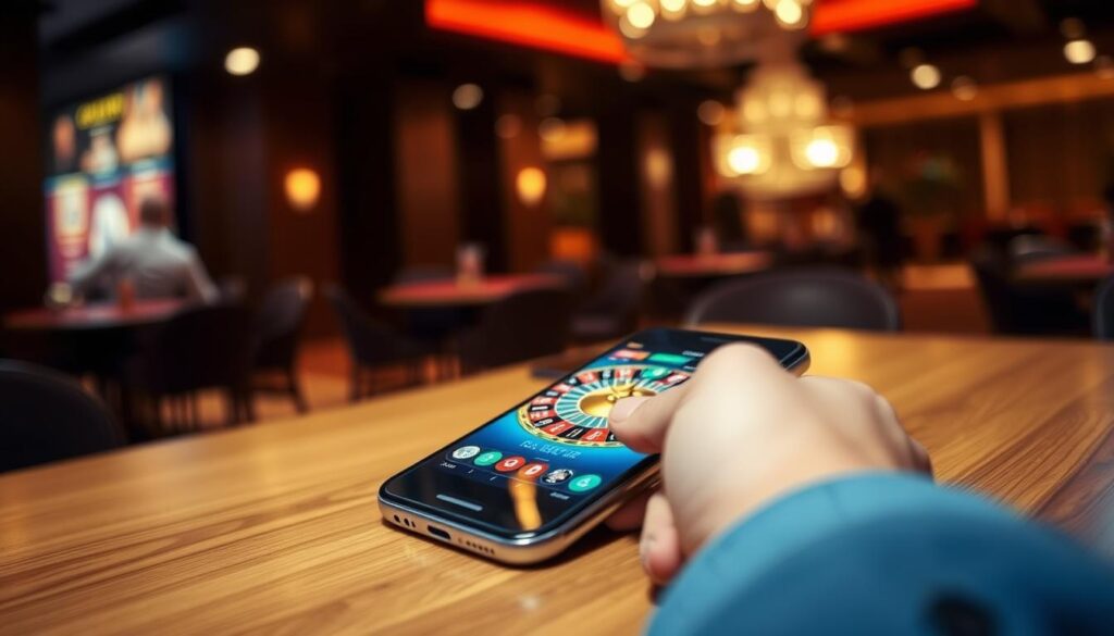 A smartphone lying on a stylish wooden table, displaying a vibrant mobile roulette game interface, with colorful chips and a spinning wheel illustrated on the screen. In the foreground, a pair of hands in smart casual attire manipulates the touchscreen, engaged in strategizing a bet. The background features a dimly lit, modern casino environment, with soft ambient lighting that creates a warm, inviting atmosphere. The image has a slight bokeh effect to emphasize the smartphone and the player's hands, lending focus to the managing of their bankroll. Overall, the scene conveys a sense of excitement and focus, reflecting the importance of careful decision-making in mobile roulette.