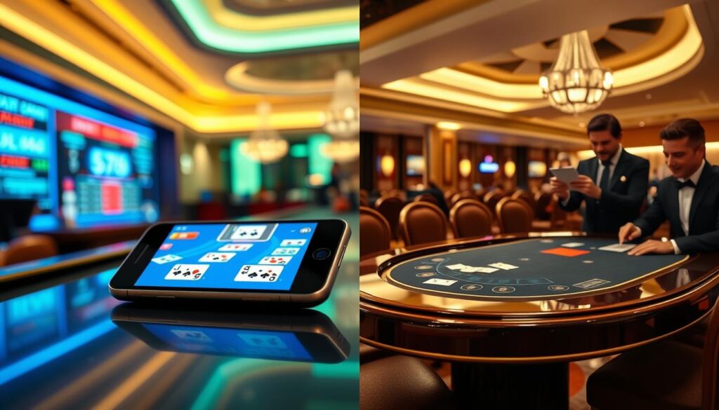 A split-screen image showcasing two distinct environments for blackjack. On the left, a modern RNG blackjack table with a digital interface displaying vibrant graphics and animated cards. The foreground features a sleek smartphone with the app open, emphasizing mobile play. The background glows with soft blue and green neon lights, giving a high-tech vibe. On the right, a live dealer blackjack setup in a luxurious casino, with a professional dealer in smart attire dealing real cards to players at a glossy wooden table. The ambiance is warm and inviting, illuminated by soft golden lighting, creating an atmosphere of excitement and authenticity. Capture both settings in clear focus, enhancing the contrast between digital and live experiences. Aim for a balanced composition that illustrates the theme of RNG versus live dealer variations.