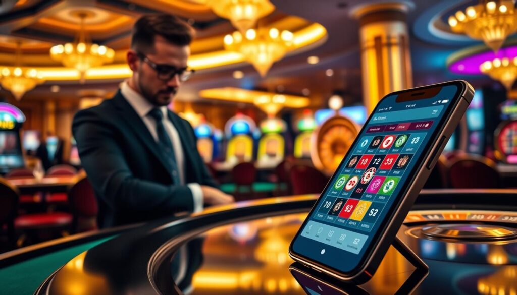 A vibrant digital casino scene with a focus on mobile roulette, showcasing a smartphone with an elegant casino app interface displaying bonuses and promotions. In the foreground, a sleek smartphone is positioned at an angle, its screen glowing with colorful bonus graphics. In the middle ground, a stylish, well-dressed individual in business attire intently examines the app, showcasing a sense of engagement and strategy. The background features a luxurious casino environment with soft lighting highlighting roulette tables and gaming machines, creating an inviting atmosphere. Use warm, golden tones to evoke excitement and opportunity. The perspective should be slightly elevated, capturing the detail of the smartphone screen while bringing the lively casino ambiance into view, ensuring a polished, professional look throughout.