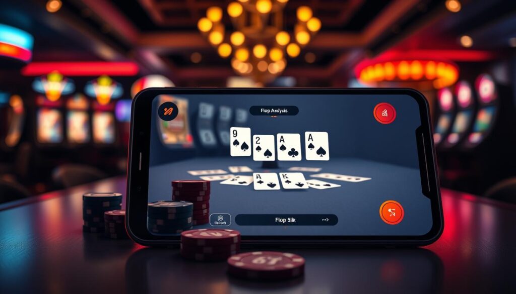 A visually striking representation of a mobile device displaying a Casino Hold'em poker game on its screen, focused on the flop analysis. In the foreground, the smartphone glows softly, with detailed cards and chips visible on the display. The middle ground features a sleek, modern table surface adorned with poker chips and cards, suggesting a high-stakes atmosphere. In the background, a dimly lit casino ambiance with colorful lights and blurred slot machines, contributing to a vibrant yet sophisticated mood. The scene is illuminated by a warm, subtle glow, enhancing the colors of the digital cards and chips. The image conveys a sense of strategy and excitement, ideal for illustrating advanced mobile poker tactics.