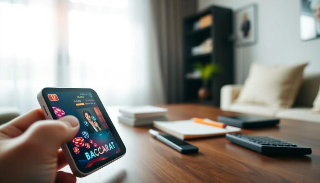 Foreground: A close-up view of a mobile device displaying a vibrant mobile baccarat game interface, with a focus on graphics that show chips and betting options. Middle: A well-organized workspace featuring a stylish desk with visual cues of budget management, like a notebook, pen, and a calculator, subtly hinting at strategies for money management in gaming. Background: Soft-focus, ambient lighting in a cozy room, hinting at a relaxed yet focused atmosphere conducive to online gaming. The scene should convey a sense of strategy and control, with natural light filtering through a window, creating a warm and inviting mood. The entire composition should feel professional and engaging, aiming to inspire users to effectively manage their game finances. Foreground: A close-up view of a mobile device displaying a vibrant mobile baccarat game interface, with a focus on graphics that show chips and betting options. Middle: A well-organized workspace featuring a stylish desk with visual cues of budget management, like a notebook, pen, and a calculator, subtly hinting at strategies for money management in gaming. Background: Soft-focus, ambient lighting in a cozy room, hinting at a relaxed yet focused atmosphere conducive to online gaming. The scene should convey a sense of strategy and control, with natural light filtering through a window, creating a warm and inviting mood. The entire composition should feel professional and engaging, aiming to inspire users to effectively manage their game finances.