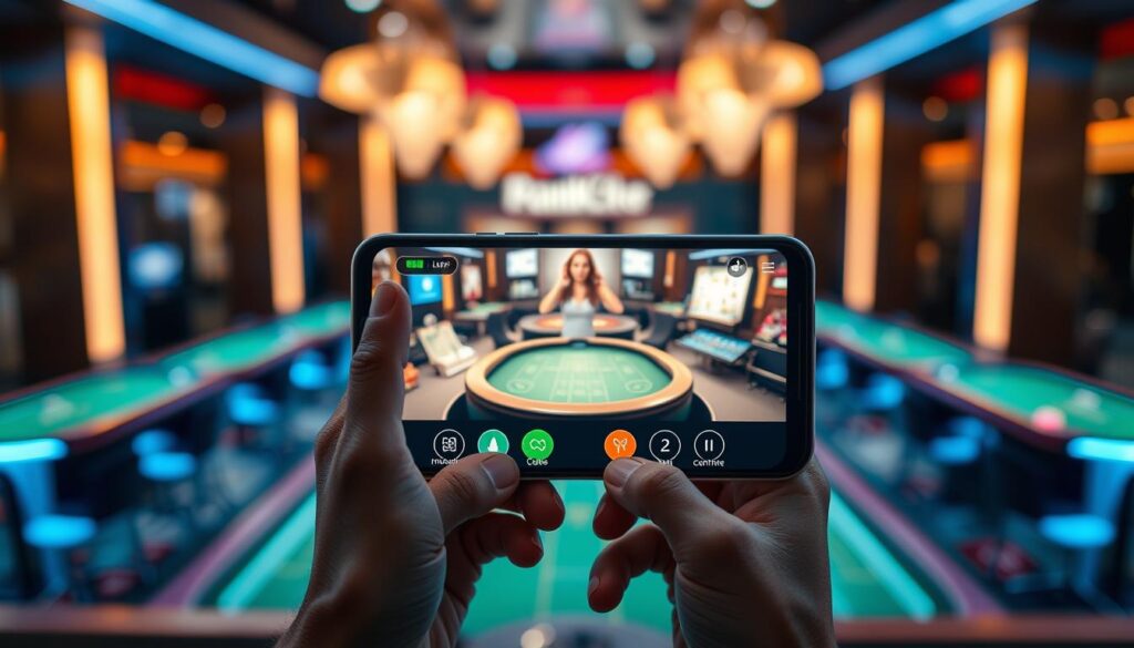 A close-up view of a mobile device displaying a live dealer table game interface, set against a sleek, modern background that evokes a high-tech casino atmosphere. The foreground features hands holding the smartphone, with a focus on battery management indicators and connectivity status icons elegantly displayed on the screen. In the middle ground, soft LED lights illuminate the scene, creating a warm and inviting ambiance. The background shows blurred silhouettes of gaming tables, enhancing the immersive experience. The overall mood is dynamic and engaging, showcasing the intersection of gaming technology and mobile connectivity. The lighting is soft yet vibrant, capturing the excitement of live-action gaming. The composition should be shot from a slightly elevated angle, emphasizing the device and its features. A close-up view of a mobile device displaying a live dealer table game interface, set against a sleek, modern background that evokes a high-tech casino atmosphere. The foreground features hands holding the smartphone, with a focus on battery management indicators and connectivity status icons elegantly displayed on the screen. In the middle ground, soft LED lights illuminate the scene, creating a warm and inviting ambiance. The background shows blurred silhouettes of gaming tables, enhancing the immersive experience. The overall mood is dynamic and engaging, showcasing the intersection of gaming technology and mobile connectivity. The lighting is soft yet vibrant, capturing the excitement of live-action gaming. The composition should be shot from a slightly elevated angle, emphasizing the device and its features.