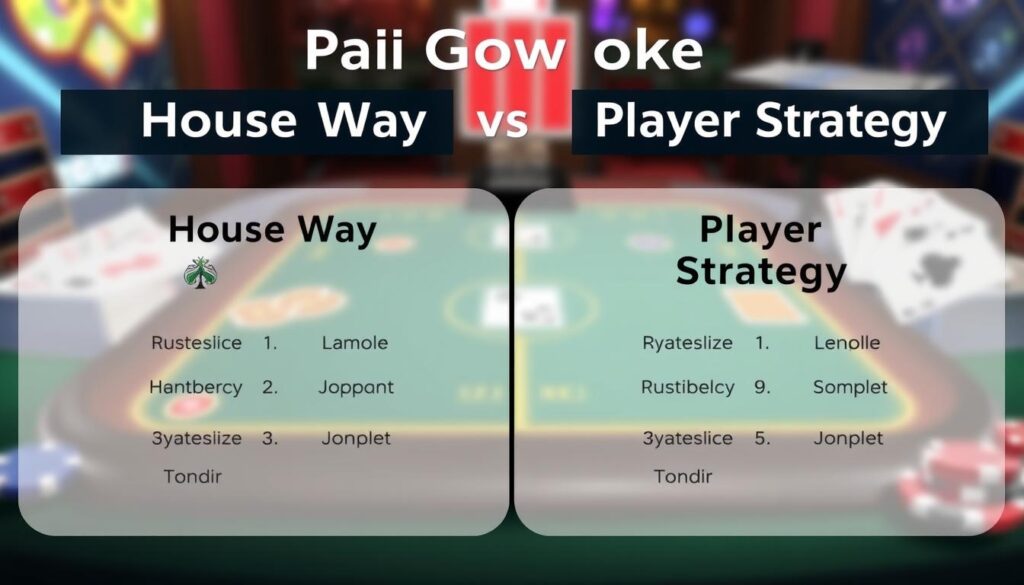 A detailed comparison chart illustrating "House Way vs Player Strategy" in Pai Gow Poker. The foreground features two distinct sections, one for "House Way" and another for "Player Strategy," each with visually appealing icons and symbols representing their strategies. The middle layer displays a stylized poker table background, with vibrant colors enhancing the visual appeal, and perhaps subtle elements like playing cards and chips scattered artistically. The background includes a blurred casino environment, suggesting excitement and ambiance without distraction. Soft, dynamic lighting emphasizes the chart, casting gentle shadows to create depth. The overall mood is informative and engaging, aimed at educating players on optimal hand-setting strategies in a mobile gaming context.