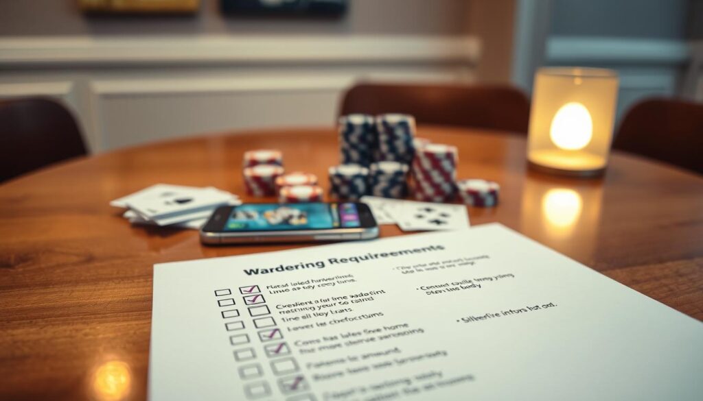 A detailed, visual checklist for wagering requirements, designed for an article on mobile casino strategies. In the foreground, a polished wooden table with an open checklist featuring bullet points and icons representing different conditions—like a clock for time limits, coins for wager amounts, and a magnifying glass for scrutiny. The middle layer shows a smartphone displaying a mobile casino app interface, partially obscured by stacks of poker chips and playing cards spread out on the table. In the background, soft, diffused lighting creates a warm atmosphere, with slightly blurred casino-style decorations and a faint glow from a lamp, evoking a professional yet inviting mood. The angle is slightly above the table, lending an expansive view and clarity to the checklist and its associated concepts.