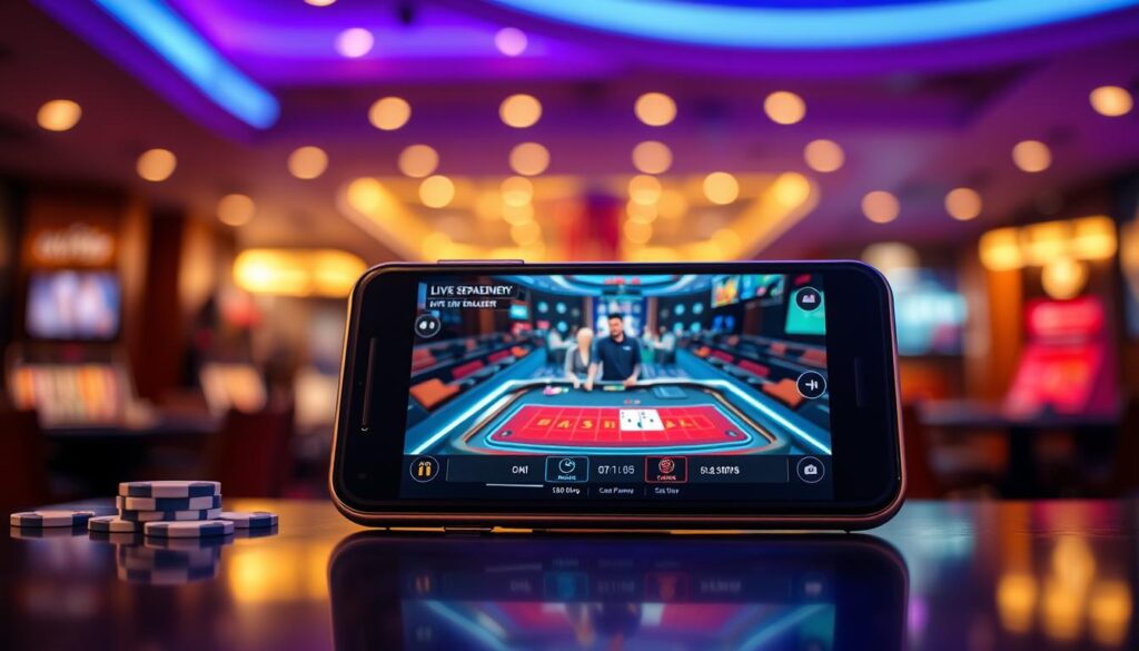 A high-tech mobile device displaying live dealer table games, positioned prominently in the foreground, showcasing a vibrant and engaging user interface. The middle ground features a sleek, modern gaming environment with a live dealer interacting through a high-definition camera, creating an immersive atmosphere. Background elements include blurred visuals of casino elements such as chips and cards, conveying a lively gaming experience. Soft, warm lighting illuminates the scene, reflecting a welcoming ambiance, while a slight depth of field focuses on the mobile device's screen, emphasizing clarity and detail. The overall mood is dynamic and engaging, highlighting the essence of mobile streaming optimization for live dealer games in a professional and appealing manner. A high-tech mobile device displaying live dealer table games, positioned prominently in the foreground, showcasing a vibrant and engaging user interface. The middle ground features a sleek, modern gaming environment with a live dealer interacting through a high-definition camera, creating an immersive atmosphere. Background elements include blurred visuals of casino elements such as chips and cards, conveying a lively gaming experience. Soft, warm lighting illuminates the scene, reflecting a welcoming ambiance, while a slight depth of field focuses on the mobile device's screen, emphasizing clarity and detail. The overall mood is dynamic and engaging, highlighting the essence of mobile streaming optimization for live dealer games in a professional and appealing manner.
