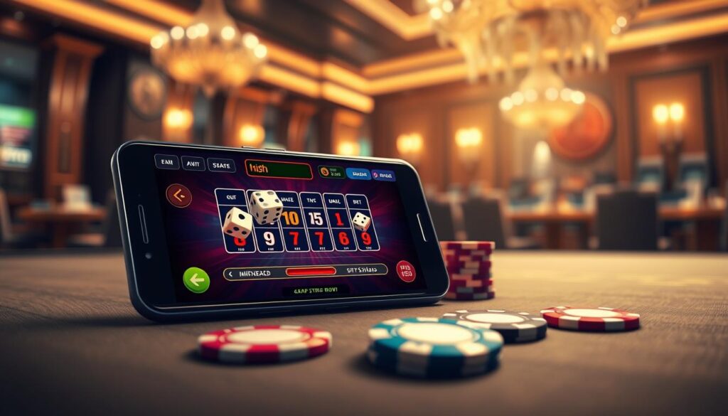 A sleek digital illustration featuring a mobile gaming device displaying a vibrant craps game interface. In the foreground, emphasize the smartphone, with colorful dice rolling animatedly across the screen, showcasing high-stakes betting options. In the middle ground, include laid-out casino chips in various denominations, arranged strategically to reflect avoidance of high house edge bets. The background should feature a softly blurred casino setting, filled with elegant tables and ambient lighting that creates an inviting, yet sophisticated atmosphere. Utilize a shallow depth of field to bring attention to the smartphone and chips while ensuring the lighting is warm, enhancing the sense of excitement and strategy. The overall mood should be focused and analytical, ideal for gamblers looking to optimize their gameplay.