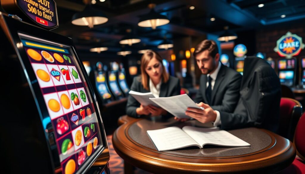 A sleek, modern slot machine situated prominently in the foreground, its colorful reels displaying various symbols such as coins, fruits, and lucky sevens, glinting under soft, ambient lighting. In the middle ground, a set of professional individuals, dressed in business attire, are engaged in a focused discussion about strategic betting techniques and risk management, with a chart and a notebook open on the table. The background features a stylish, dimly lit casino atmosphere, with blurred casino elements like other slot machines and card tables enhancing the depth. The mood should convey determination and concentration, emphasizing the importance of discipline in mobile slot strategies. The scene is shot from a slight angle, highlighting both the slot machine and the professionals, creating a dynamic visual representation of strategic gaming.