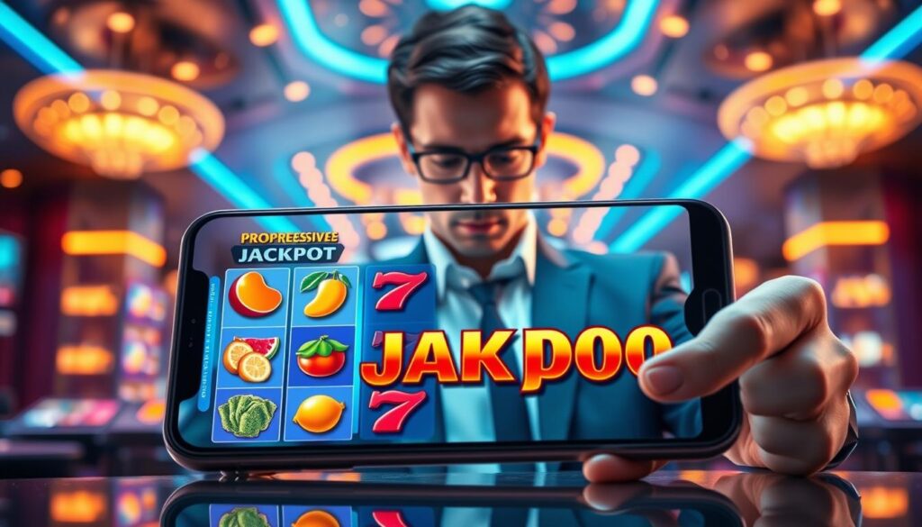 A vibrant mobile slot game interface showcasing a prominent progressive jackpot feature. In the foreground, a smartphone displays a colorful slot game with dynamic symbols like fruits, bars, and lucky sevens, along with a glowing jackpot amount indicating the potential win. The middle ground features a stylish, professional-looking person in business attire, intently focused on the game, with an expression of excitement and strategy. The background illustrates a futuristic, digital casino setting, adorned with ambient lights and sleek designs, creating an immersive and vibrant atmosphere. Soft lighting enhances the details, casting warm glows that highlight the jackpot feature, evoking a sense of thrill and anticipation. The angle emphasizes the immersive interaction between the player and the mobile game, ensuring a clear view of the screen and the surrounding casino ambiance.