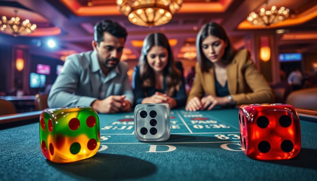 A vibrant scene depicting a tabletop dice game strategy, focusing on the tactics of Pass Line and Don't Pass in a mobile craps game setting. In the foreground, a pair of glossy, colorful dice showing contrasting numbers, placed on a felt table. In the middle, a diverse group of three players—two men and one woman—intently analyzing their next moves, dressed in smart casual attire. The background features an elegant casino atmosphere, with soft lighting illuminating the gaming area, highlighting the action while creating a warm, inviting mood. The camera angle is slightly overhead to capture the dynamic interplay between the players and the dice, emphasizing strategy and excitement in a mobile gaming context.