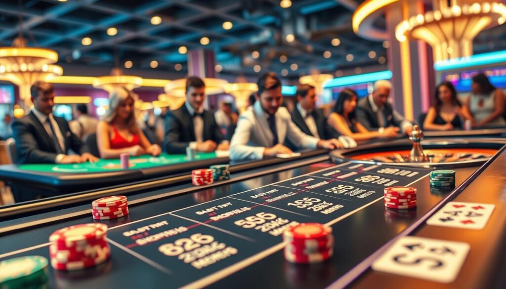 A visually engaging illustration of table game contribution rates, featuring a detailed, artistic representation of various table games like blackjack, roulette, and poker in a casino setting. In the foreground, focus on a sleek, modern gaming table with vibrant chips and cards arranged methodically, showcasing the contribution rates graphically embedded in the table surface. In the middle ground, depict diverse, professionally dressed players deeply engaged in gameplay, with expressions of concentration and excitement. The background should include soft-focus neon lights typical of a casino atmosphere, casting a warm glow that enhances the inviting ambiance. Use a slightly elevated angle to capture the action and details, ensuring a cheerful yet competitive mood that resonates with the excitement of table gaming.