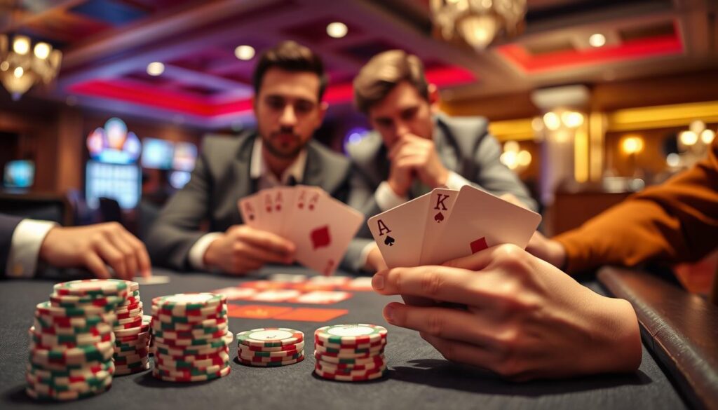 A well-lit table displaying an engaged group of four players intensely focused on a game of Pai Gow Poker, showcasing their hand-setting strategies. In the foreground, a close-up view of poker chips stacked neatly, and two hands expertly arranging cards, highlighting a royal flush and a pair. In the middle ground, two players dressed in smart casual attire, one leaning slightly forward with a concentrated expression, while the other contemplates their next move deeply. The background features a softly lit casino ambiance, subtly blurred to maintain focus on the players and the game. The atmosphere is tense yet strategic, embodying the essence of an intense yet professional poker setting. The lighting is warm, enhancing the rich colors of the poker table and cards.
